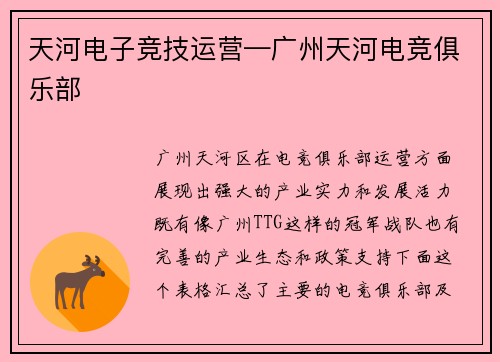 天河电子竞技运营—广州天河电竞俱乐部