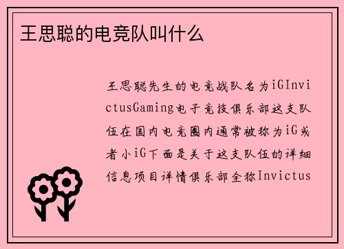 王思聪的电竞队叫什么