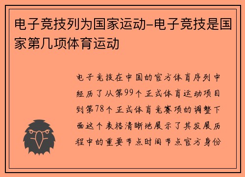 电子竞技列为国家运动-电子竞技是国家第几项体育运动